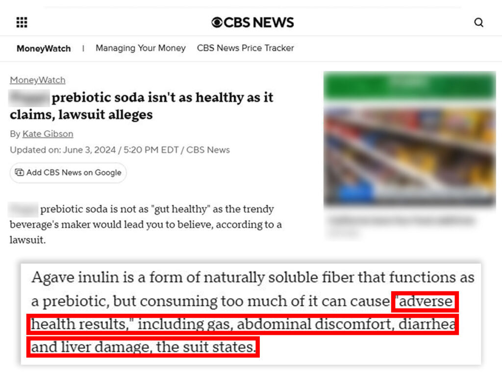 CBS News article reporting a lawsuit challenging Poppi prebiotic soda's gut-health claims and raising questions about whether its fiber content delivers the advertised digestive benefits.