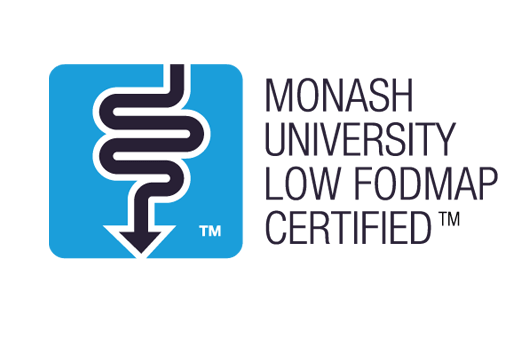 Monash University Low FODMAP Certified logo, indicating the product is suitable for a low-FODMAP diet at the recommended serving size.