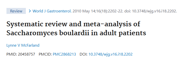 Header of a peer-reviewed review article in the World Journal of Gastroenterology (2010) titled "Systematic review and meta-analysis of Saccharomyces boulardii in adult patients" by Lynne V McFarland, supporting the clinical evidence for S. boulardii.