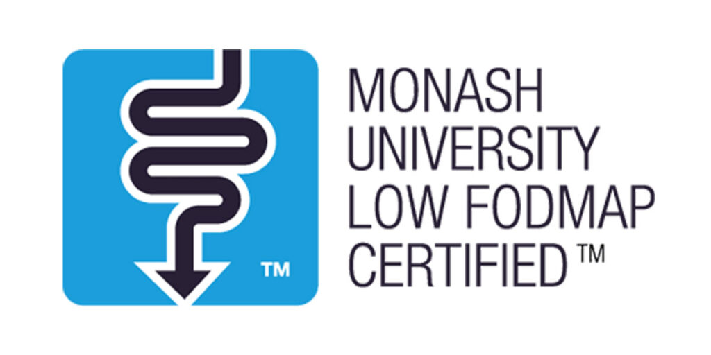 Official Monash University Low FODMAP Certified trademark logo, the gold-standard certification for products tested as low-FODMAP for people with IBS and sensitive guts.