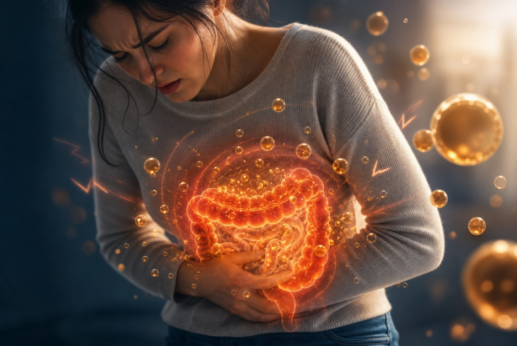 Woman holding her stomach in discomfort with a glowing illustration of the intestines overlaid, representing IBS bloating, gas, and abdominal pain.