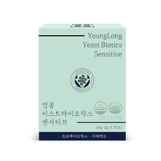 YoungLong Yeast Biotics Sensitive product box — a mint-green carton containing 30 sachets (2g each, 60g total) of Saccharomyces boulardii probiotic with vitamin D, formulated for sensitive guts.