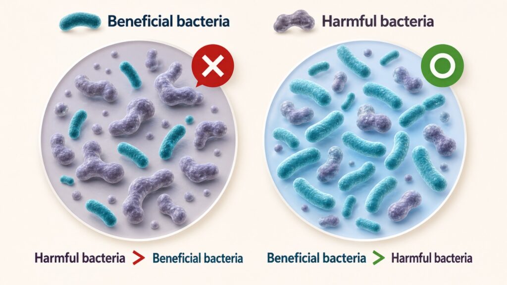Microscopic illustration comparing two gut microbiome states — an unbalanced gut where harmful bacteria outnumber beneficial bacteria (marked with a red X) versus a balanced gut where beneficial bacteria outnumber harmful bacteria (marked with a green checkmark).
