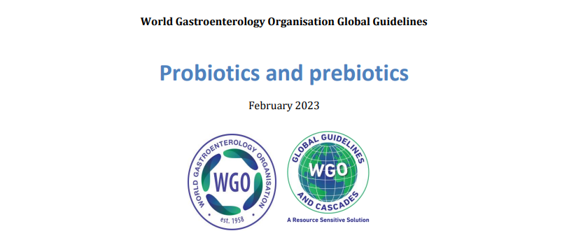 Cover of the World Gastroenterology Organisation (WGO) Global Guidelines on Probiotics and Prebiotics, February 2023 edition, which lists Saccharomyces boulardii as a clinically supported probiotic.