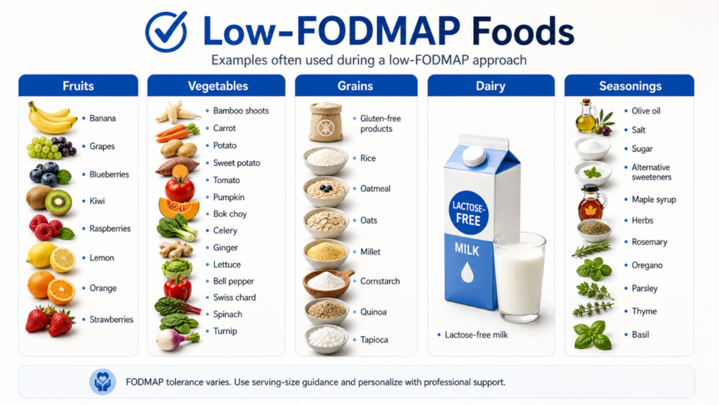 Low-FODMAP foods chart organized by category: fruits (banana, grapes, blueberries, kiwi, raspberries, lemon, orange, strawberries), vegetables (carrot, potato, sweet potato, tomato, pumpkin, bok choy, lettuce, spinach), grains (gluten-free products, rice, oats, quinoa), dairy (lactose-free milk), and seasonings (olive oil, herbs, maple syrup).