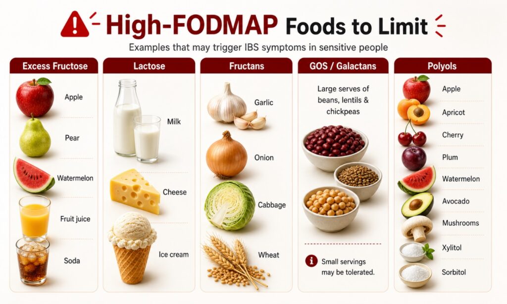 High-FODMAP foods chart listing common IBS triggers by category: excess fructose (apple, pear, watermelon, fruit juice, soda), lactose (milk, cheese, ice cream), fructans (garlic, onion, cabbage, wheat), GOS/galactans (beans, lentils, chickpeas), and polyols (apricot, cherry, plum, avocado, mushrooms, xylitol, sorbitol).