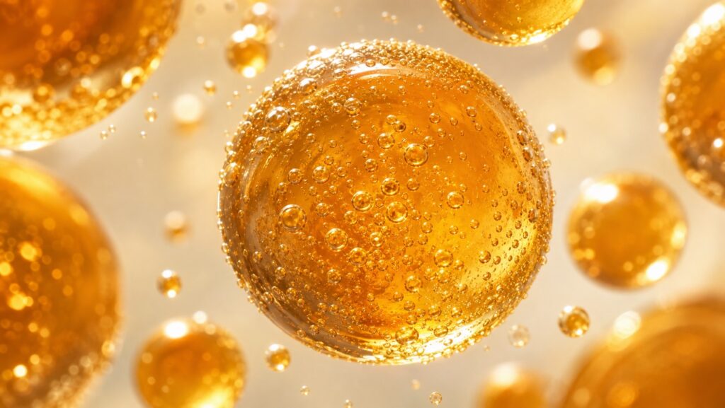 Close-up macro photo of golden, bubble-like yeast spheres against a soft light background, visually representing Saccharomyces boulardii probiotic yeast.