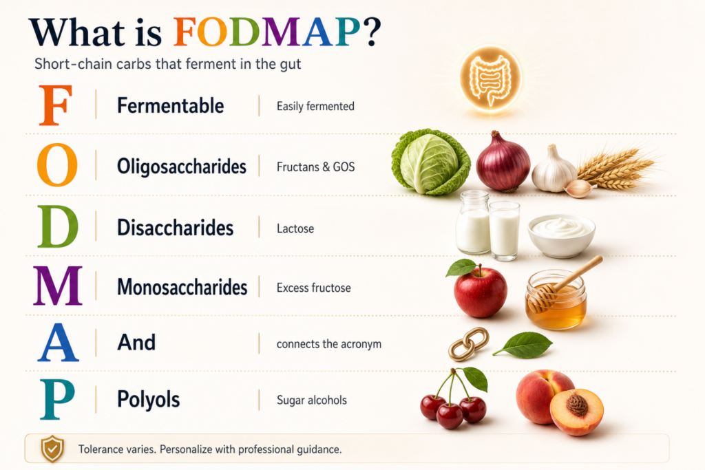 Infographic explaining the FODMAP acronym — Fermentable, Oligosaccharides (cabbage, onion, garlic, wheat), Disaccharides (lactose in milk and yogurt), Monosaccharides (excess fructose in apples and honey), And, Polyols (sugar alcohols in cherries and peaches) — short-chain carbs that ferment in the gut.