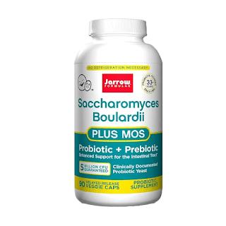 Jarrow Formulas Saccharomyces Boulardii Plus MOS dietary supplement bottle — a probiotic plus prebiotic product containing 5 billion CFU per veggie capsule, providing clinically documented probiotic yeast.