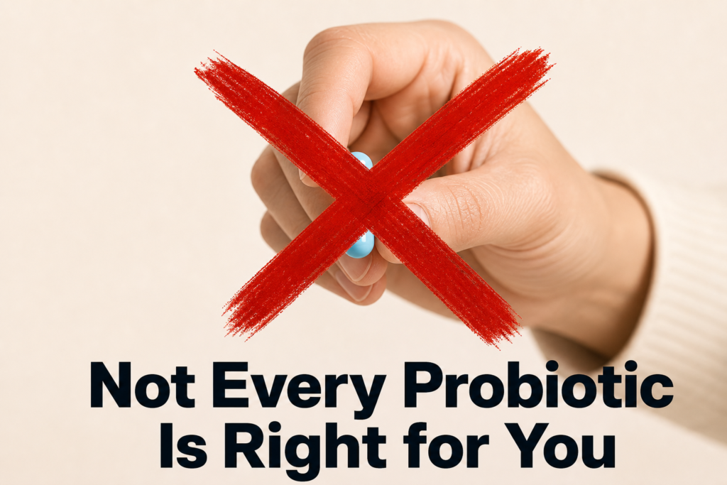 A hand holding a single blue probiotic capsule with a bold red X drawn over it, alongside the headline "Not Every Probiotic Is Right for You," signaling that people with IBS need to choose probiotics carefully.