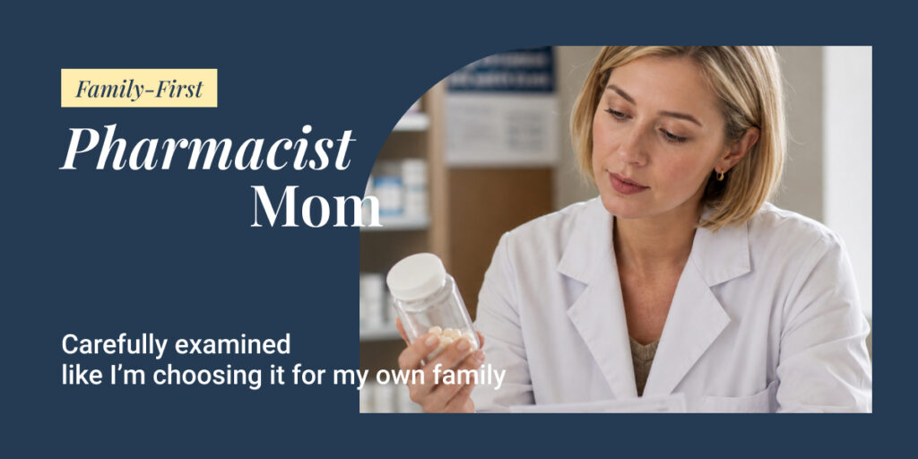 Pharmacist mom carefully examining a supplement bottle with her family’s health in mind.