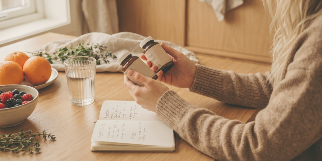 A woman in a cozy beige sweater carefully comparing two supplement bottles at a wooden table with an open notebook, fresh berries, oranges, and a glass of water — reflecting Pharmacist Mom's thoughtful approach to choosing the right supplements