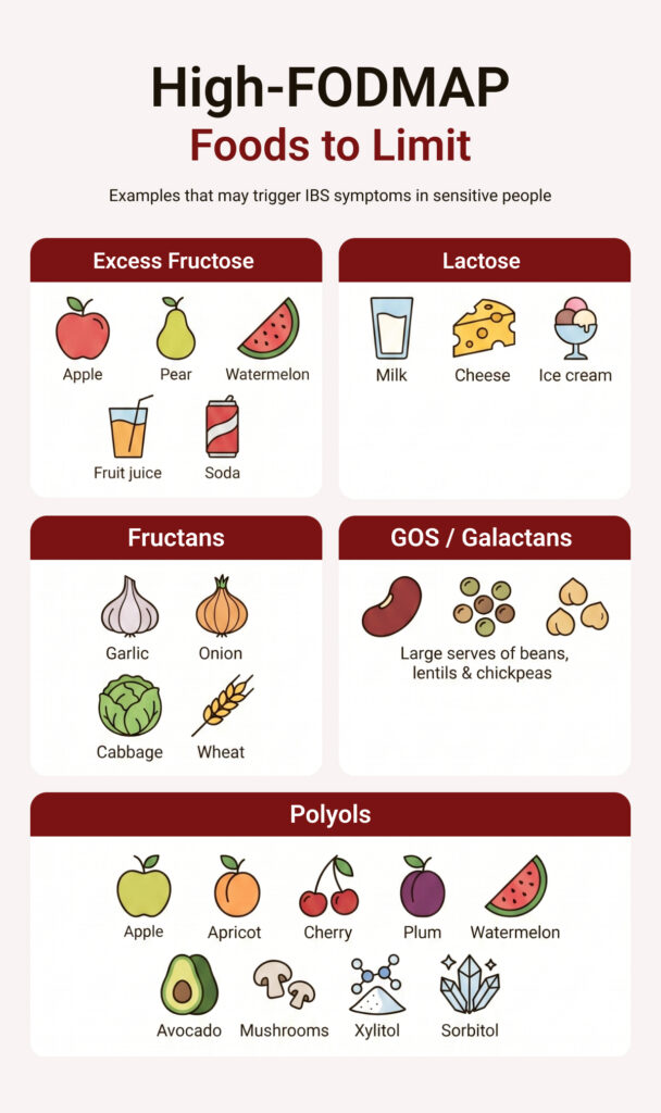 Infographic titled "High-FODMAP Foods to Limit," listing example foods that may trigger IBS symptoms in sensitive people across five groups: Excess Fructose (apple, pear, watermelon, fruit juice, soda), Lactose (milk, cheese, ice cream), Fructans (garlic, onion, cabbage, wheat), GOS/Galactans (large servings of beans, lentils, and chickpeas), and Polyols (apple, apricot, cherry, plum, watermelon, avocado, mushrooms, xylitol, sorbitol). A note adds that small servings of beans, lentils, and chickpeas may be tolerated.