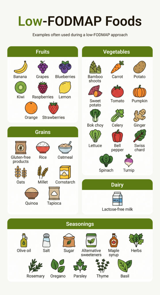 Infographic titled "Low-FODMAP Foods," showing examples often used during a low-FODMAP approach across five groups: Fruits (banana, grapes, blueberries, kiwi, raspberries, lemon, orange, strawberries), Vegetables (bamboo shoots, carrot, potato, sweet potato, tomato, pumpkin, bok choy, celery, ginger, lettuce, bell pepper, Swiss chard, spinach, turnip), Grains (gluten-free products, rice, oatmeal, oats, millet, cornstarch, quinoa, tapioca), Dairy (lactose-free milk), and Seasonings (olive oil, salt, sugar, alternative sweeteners, maple syrup, herbs, rosemary, oregano, parsley, thyme, basil). It notes that FODMAP tolerance varies and should be guided by serving size and personalized with professional support.