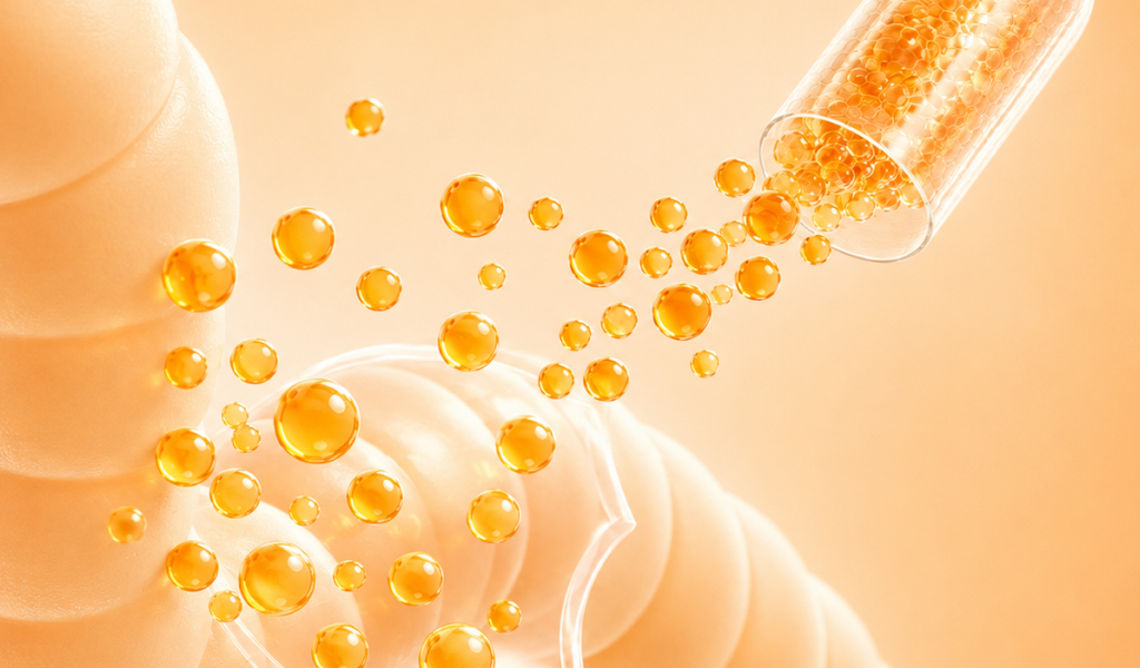 Golden probiotic particles released from a capsule over an abstract intestinal background