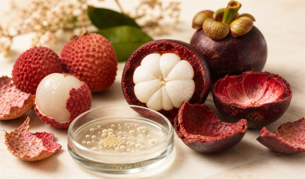 Saccharomyces boulardii yeast granules in a glass petri dish beside fresh lychee and mangosteen fruit