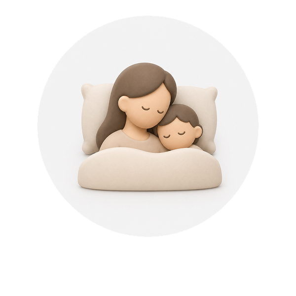 A soft 3D illustration of a mother and child resting peacefully together in bed.