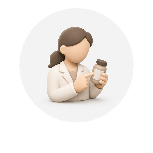 A soft 3D illustration of a female pharmacist examining a supplement bottle.