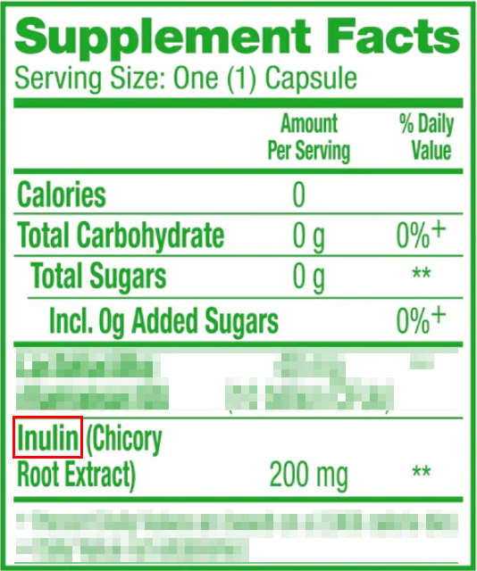 Supplement Facts label showing 200 mg of inulin from chicory root extract per capsule.