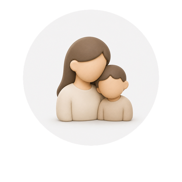 A soft 3D illustration of a mother and child representing the Mom and Kids category