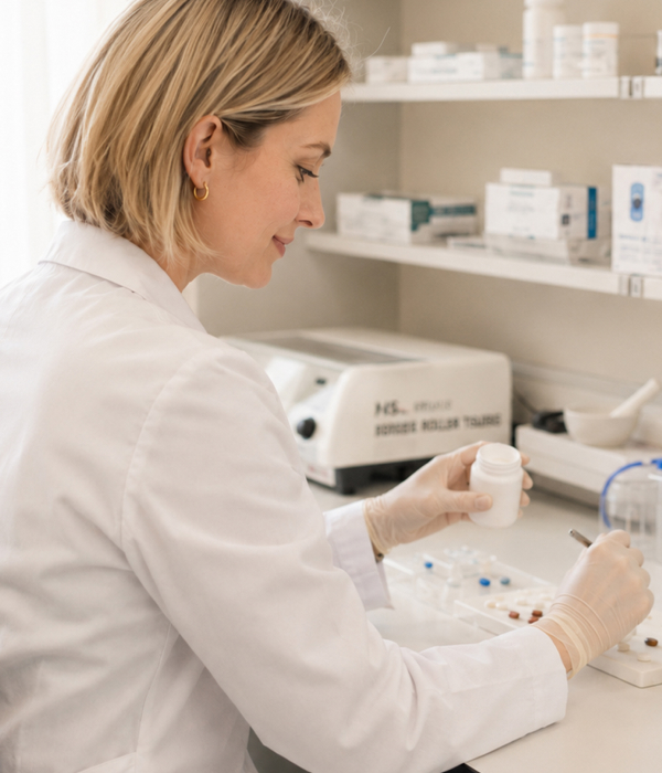 A pharmacist mom preparing medication in a clean pharmacy workspace.