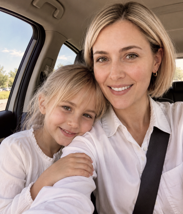 A pharmacist mom smiling with her daughter inside a car.