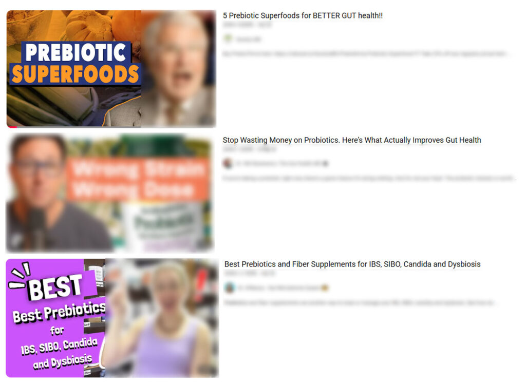 YouTube search results featuring videos about prebiotic foods, gut health, IBS, and SIBO