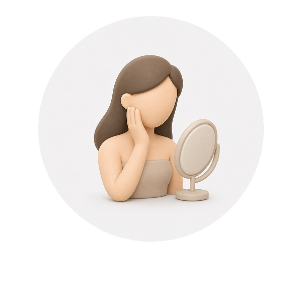A soft 3D illustration of a woman checking her skin in a mirror.