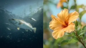 Marine versus plant-based collagen sources compared: a fish underwater and a golden hibiscus flower