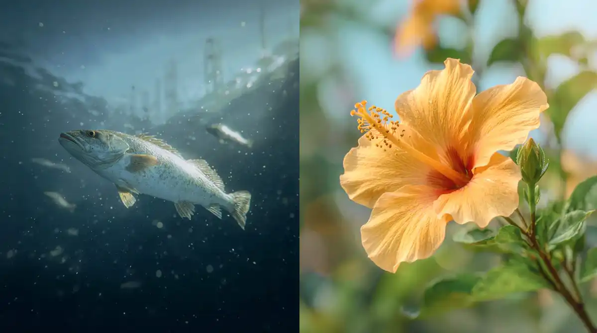 Marine versus plant-based collagen sources compared: a fish underwater and a golden hibiscus flower