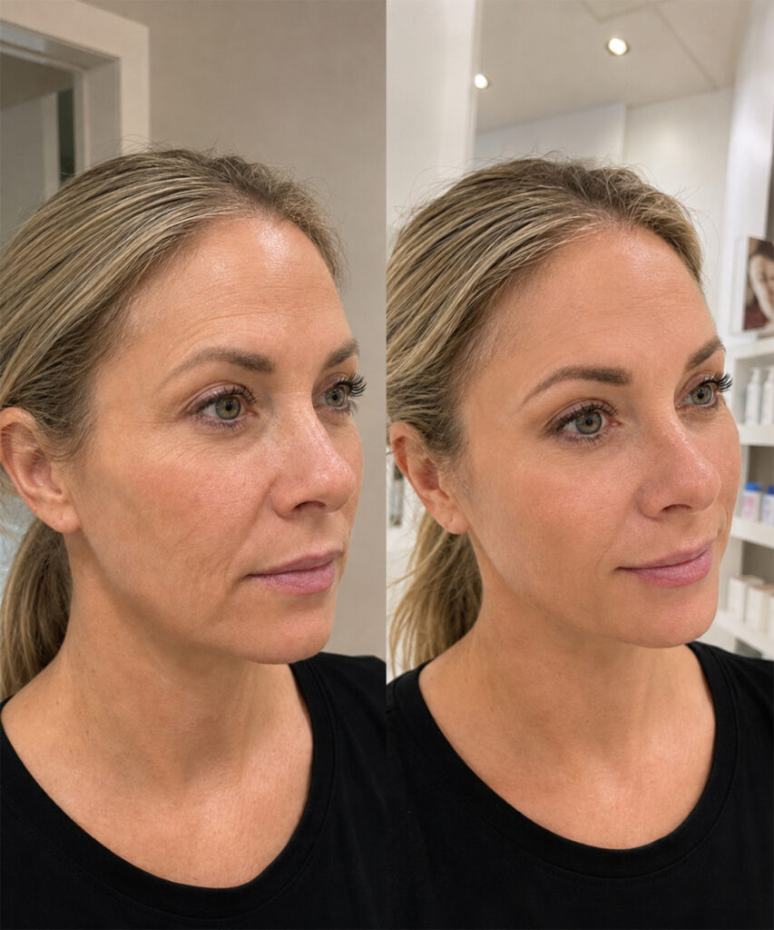 Before-and-after comparison of a woman's facial skin during a YoungLong Vegan Collagen routine, with smoother-looking texture and a more hydrated appearance in the after photo.