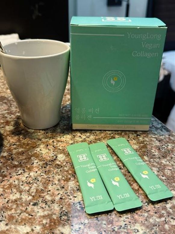 YoungLong Vegan Collagen box and stick packs, a daily collagen supplement aimed at supporting firmer-looking skin and improving the appearance of wrinkles.