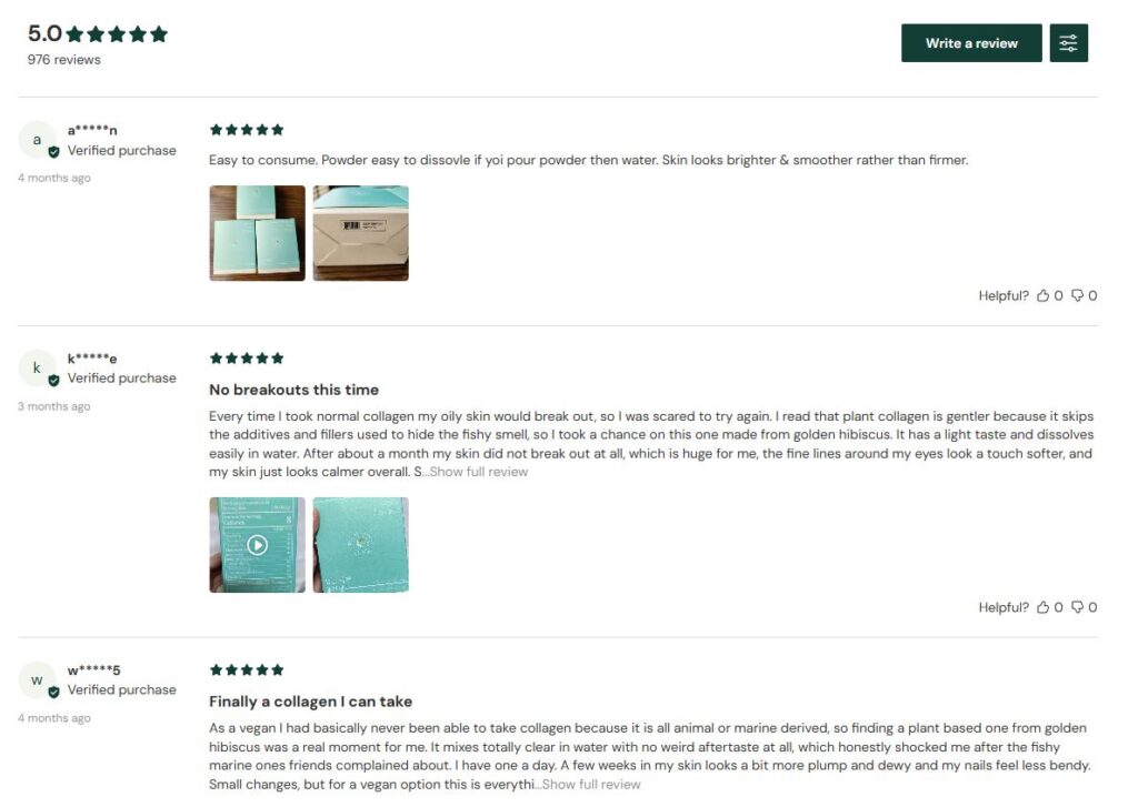 Customer review section for YoungLong vegan collagen showing a 5.0 star rating from 976 verified purchase reviews, with written feedback about golden hibiscus plant collagen and no fishy aftertaste