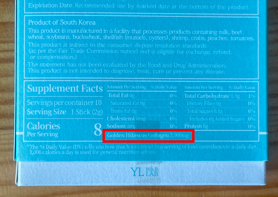 Supplement Facts panel of YoungLong Golden Hibiscus Collagen sticks, 2,000mg per serving, made in South Korea