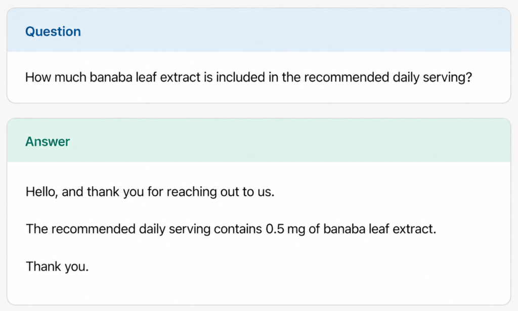 Customer question and answer stating that the specific amount of banaba leaf extract is not disclosed