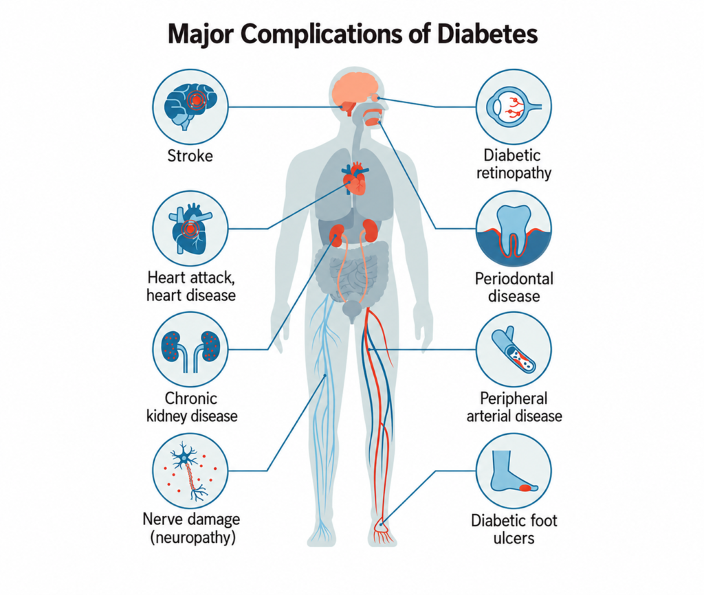 Major complications of diabetes including stroke, heart disease, kidney disease, neuropathy, retinopathy, periodontal disease, peripheral arterial disease, and diabetic foot ulcers