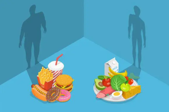 Illustration comparing unhealthy fast food with a balanced healthy diet and their effects on body health