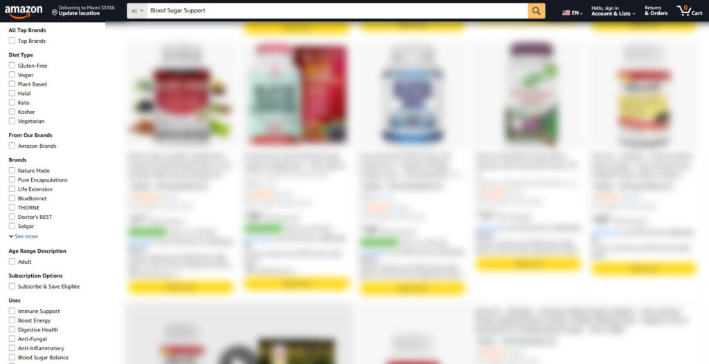 Amazon search results page for blood sugar support supplements