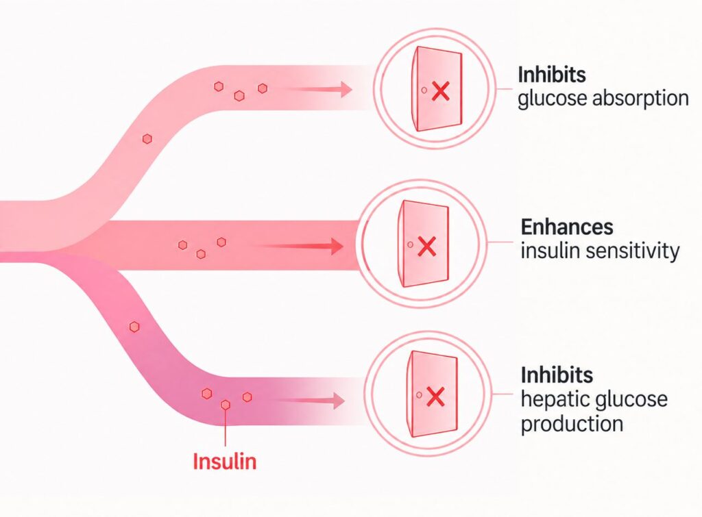 Diagram showing berberine mechanisms related to glucose absorption, insulin sensitivity, and hepatic glucose production
