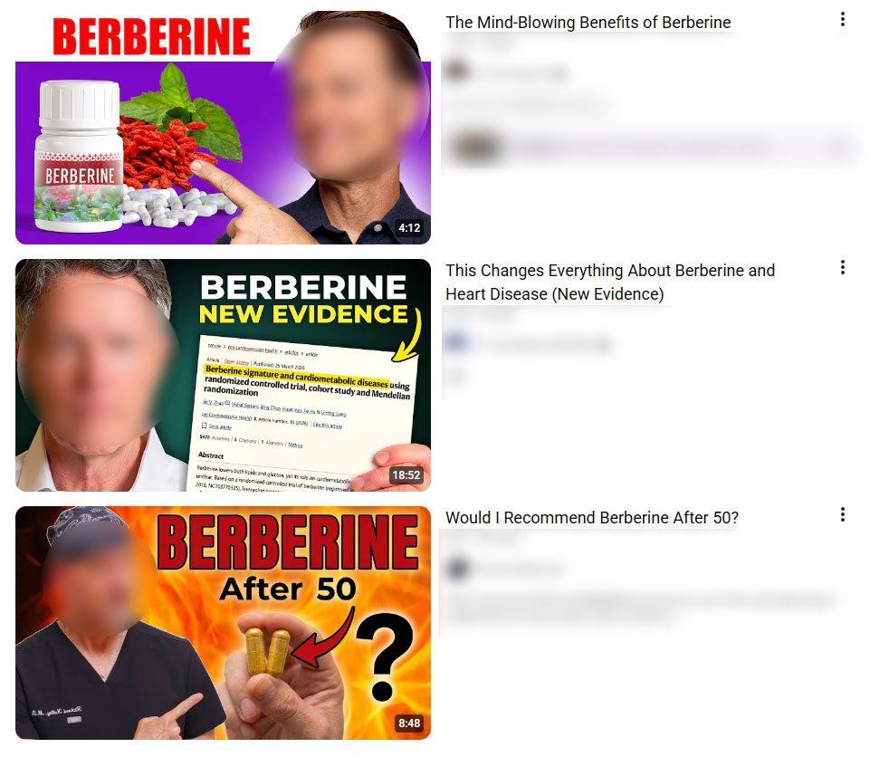 YouTube search results featuring videos about berberine benefits, research, and use after age 50