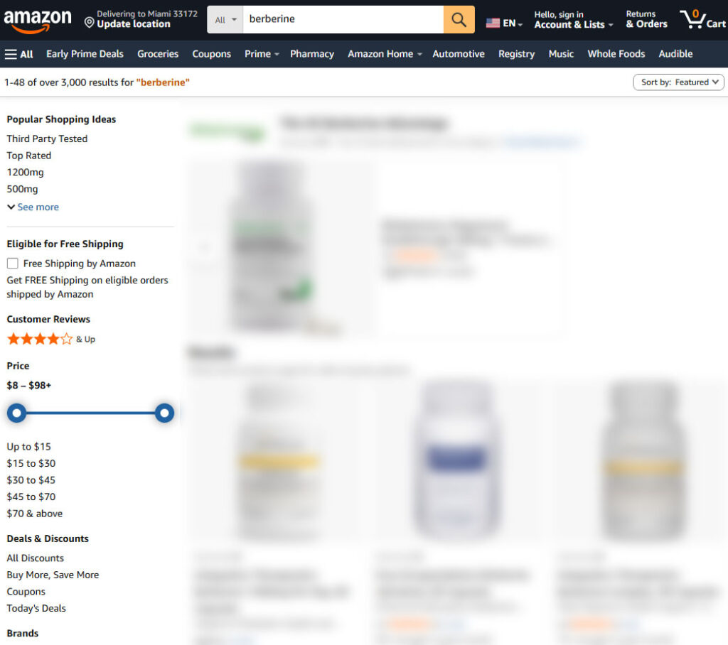 Amazon search results for berberine supplements, showing multiple products, filters, customer ratings, and price options.
berberine-hba1c-fasting-postprandial-blood-glucose-study.