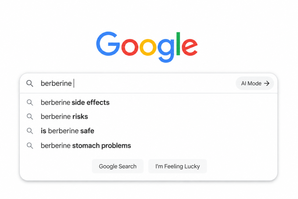 Google search suggestions for berberine including side effects, risks, safety, and stomach problems