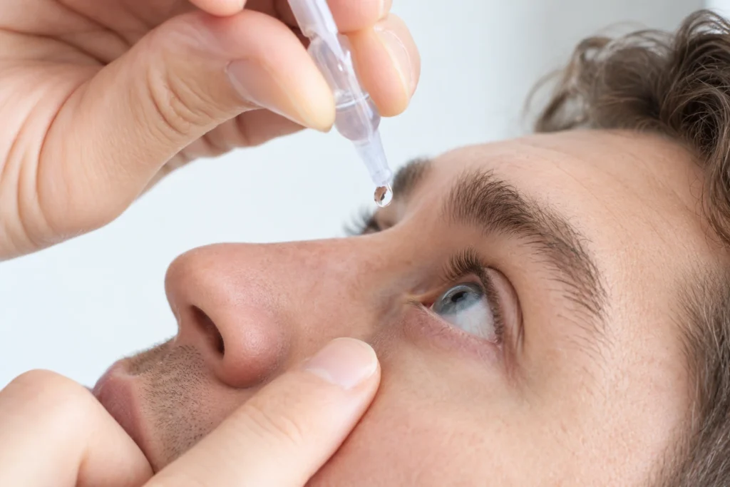 Man tilting his head back to apply eye drops into a dry, irritated eye