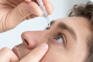 Man tilting his head back to apply eye drops into a dry, irritated eye