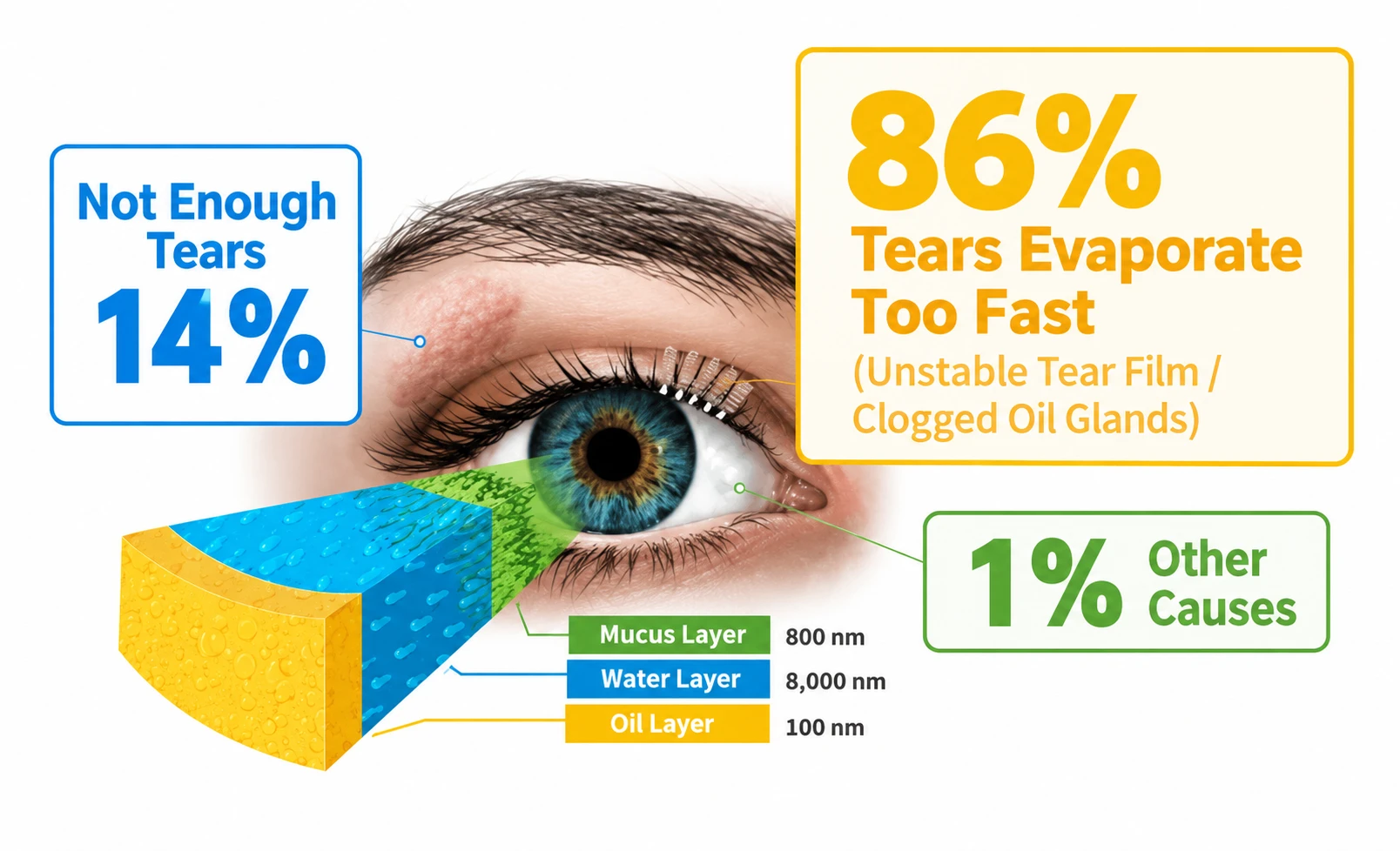 Chart showing 86% of dry eye is evaporative and 14% aqueous deficient, with tear film layer thickness