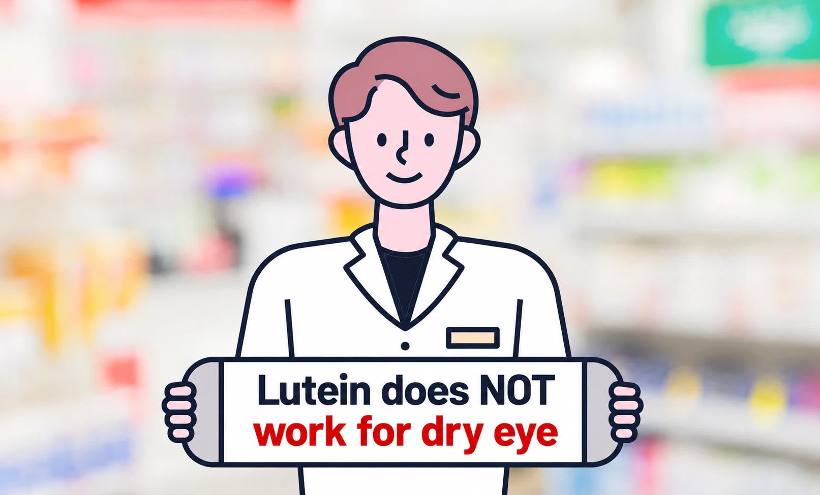 Pharmacist holding a sign explaining that lutein does not work for dry eye