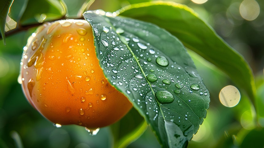 Persimmon fruit and dewy green leaf, the natural source of astragalin