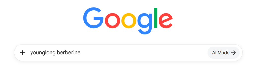 Google search page with the query “younglong berberine” entered in the search bar.