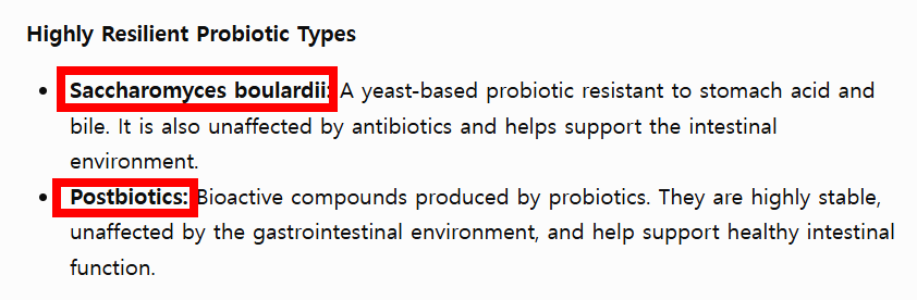 Text explaining Saccharomyces boulardii and postbiotics as highly resilient probiotic-related ingredients that support the intestinal environment.