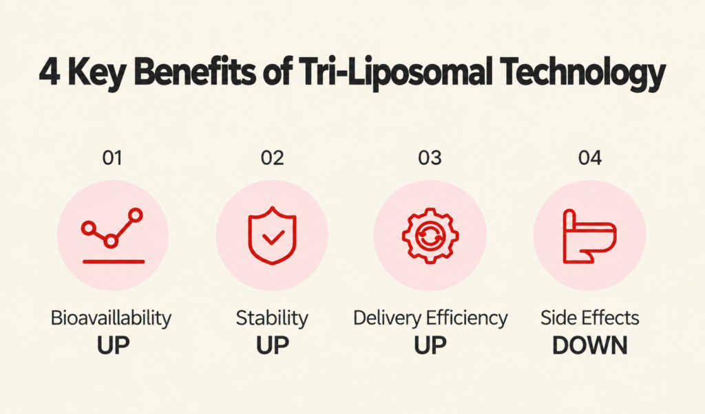 Infographic listing four key benefits of tri-liposomal technology: increased bioavailability, improved stability, greater delivery efficiency, and reduced side effects.